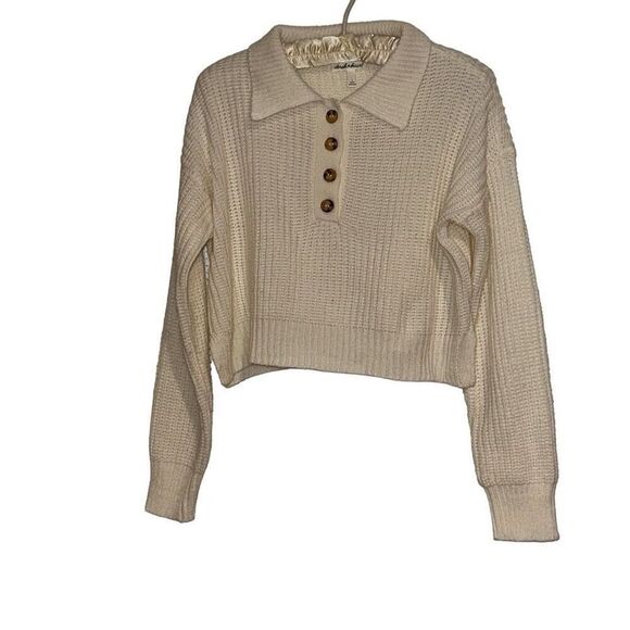 Derek Heart Junior’s Small Ivory Half Button Waffle Knit Long Sleeve Crop Sweate - Picture 1 of 10